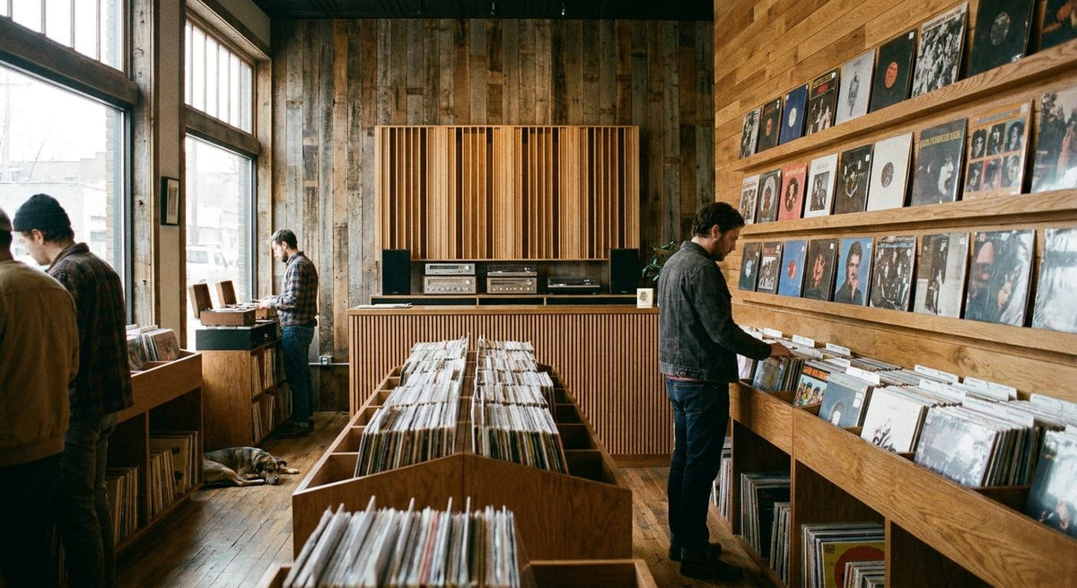 Wood panels for record store and vinyl shop interiors