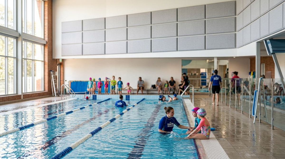 Acoustic panels for indoor swim school pool halls