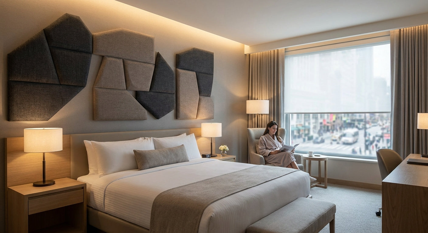 Acoustic panels for noise reduction in hotel guest rooms
