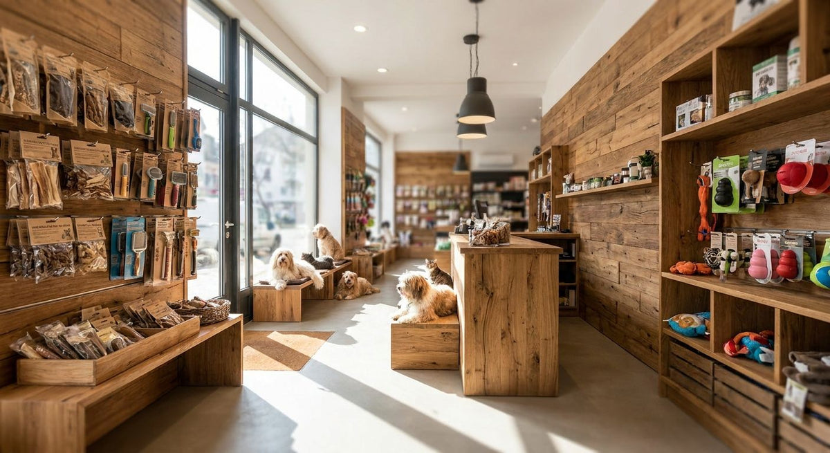 Wood panels for specialty pet supply retail store interiors