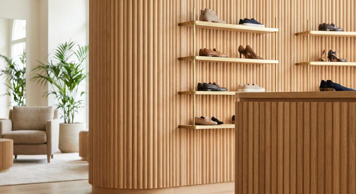 Fluted wood panels for shoe boutique interiors