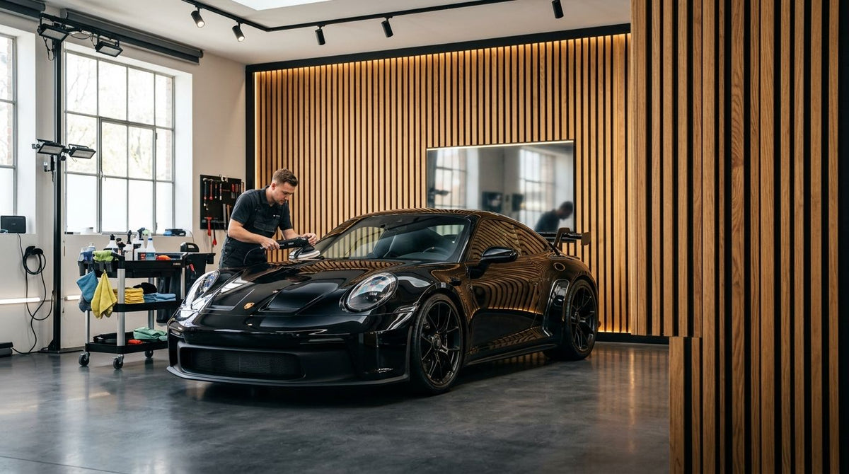 Wood slat panels for luxury car detailing studio interiors