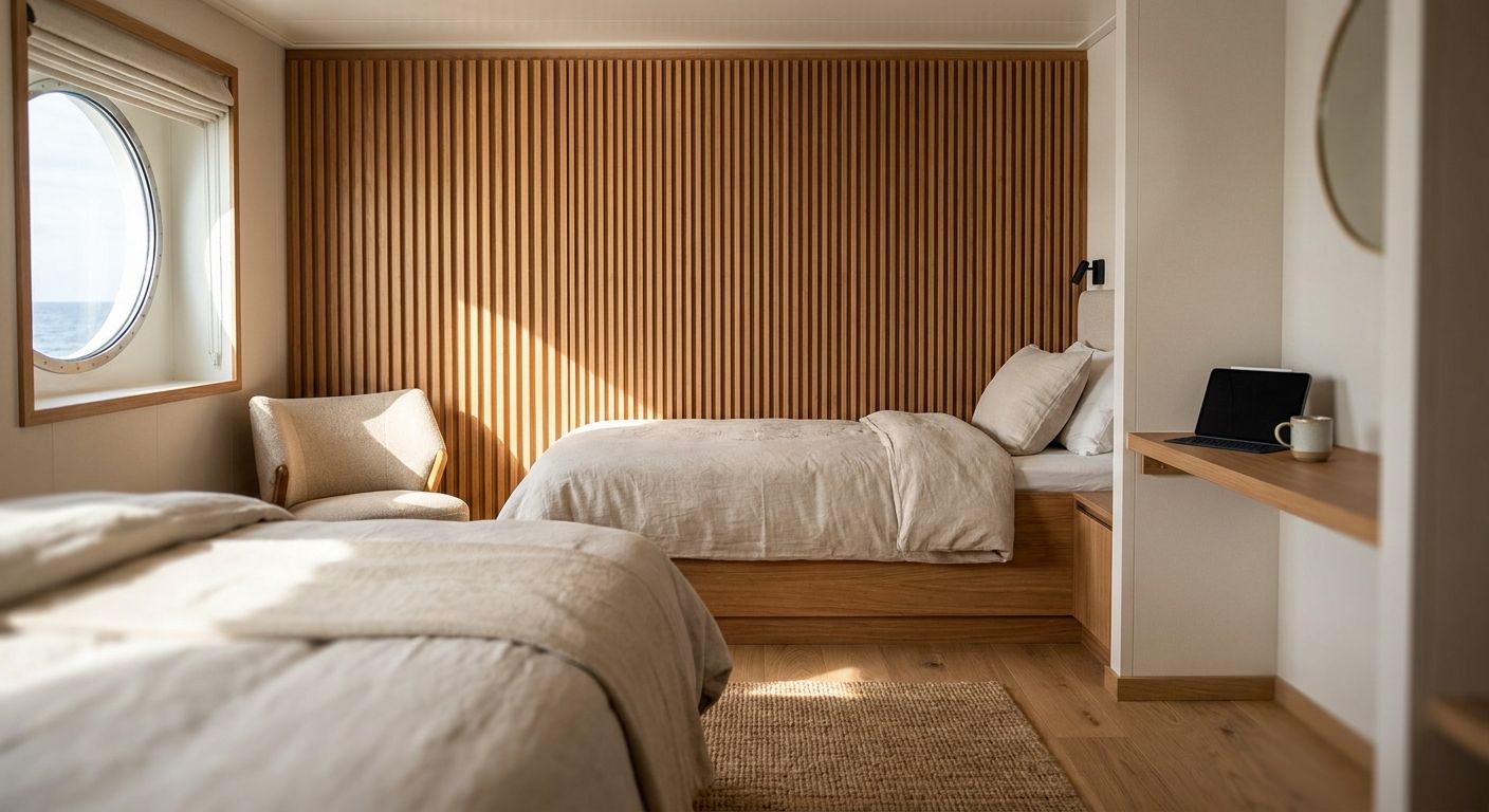 Wood slat panels for cruise ship cabin interiors