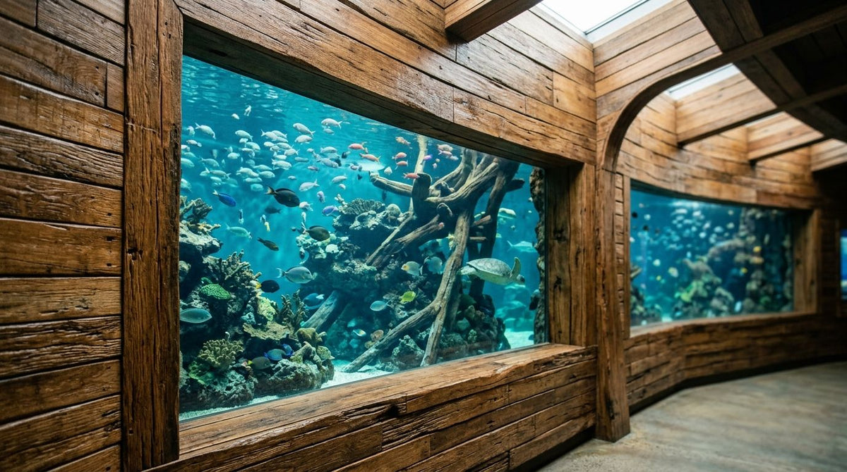 Wood panels for aquarium exhibit interiors