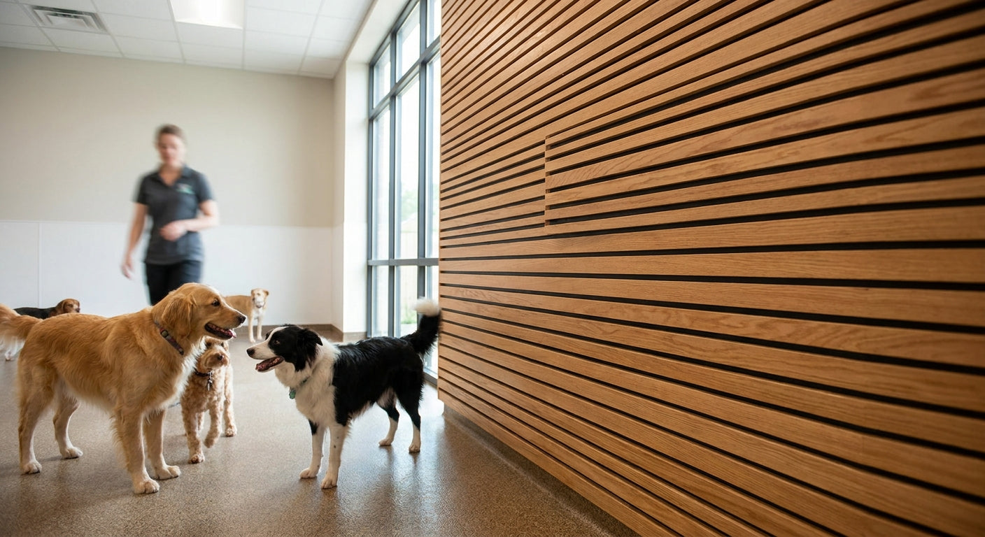 Wood slat panels for pet daycare and boarding facility walls