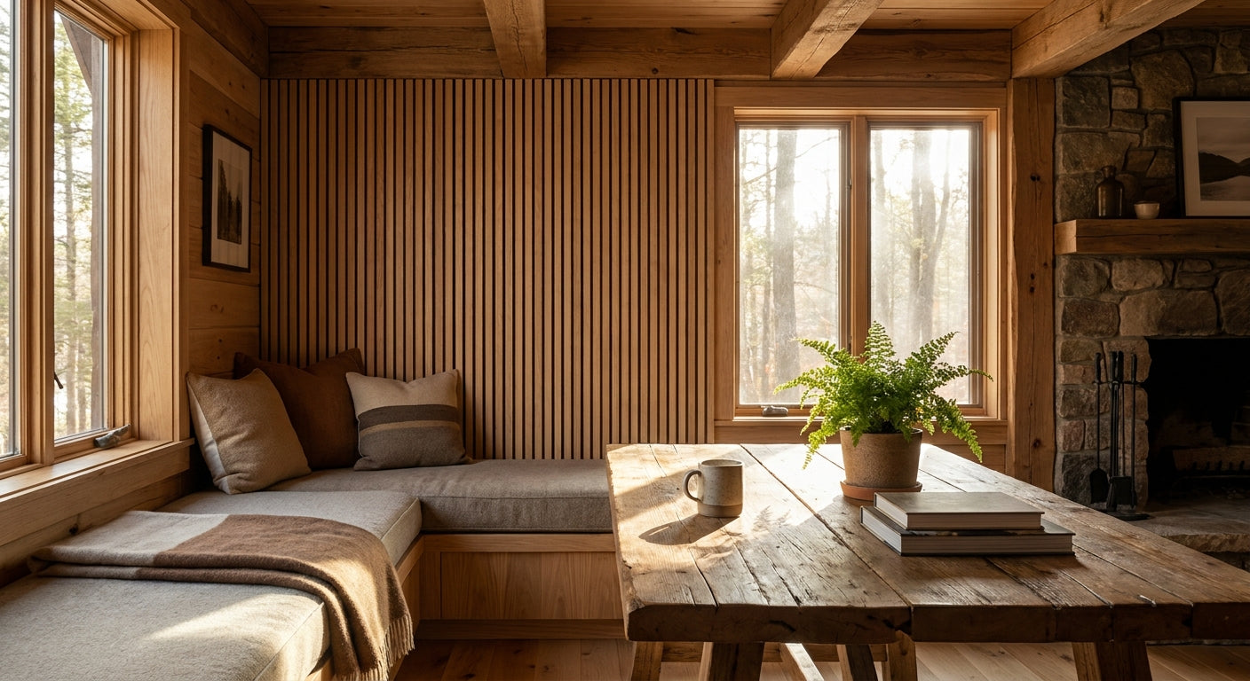 Natural oak slat panels for treehouse and cabin interiors