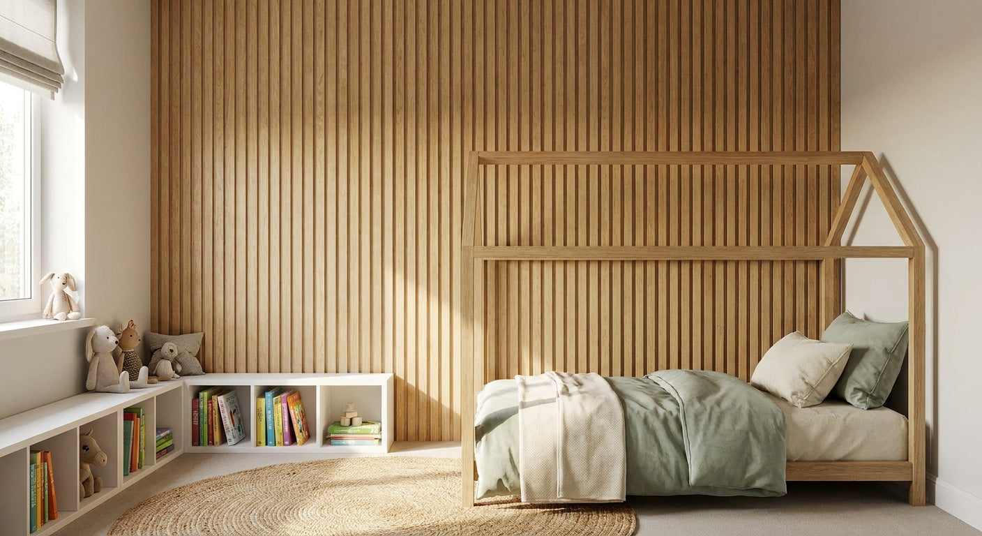 Wood slat panels for children's bedroom feature walls
