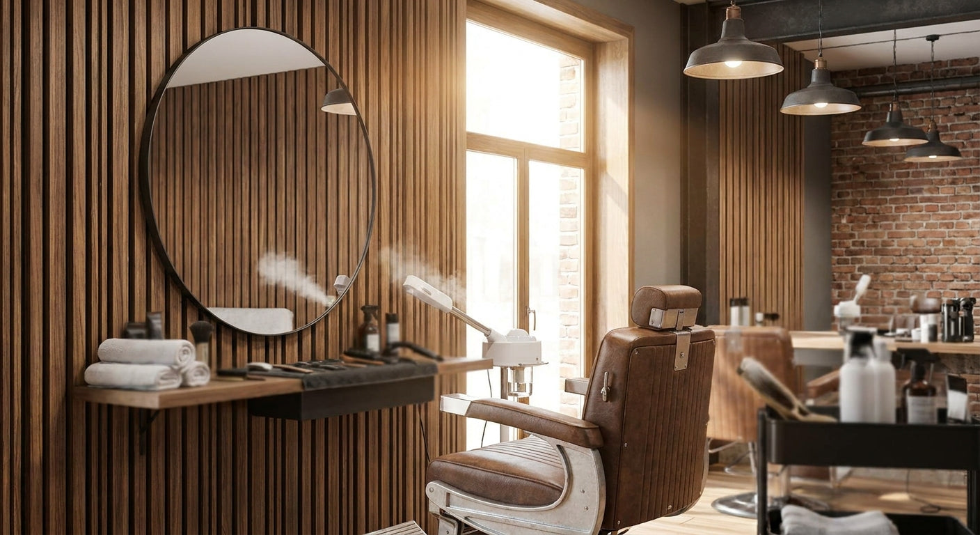 Wood slat panels for barbershop interiors