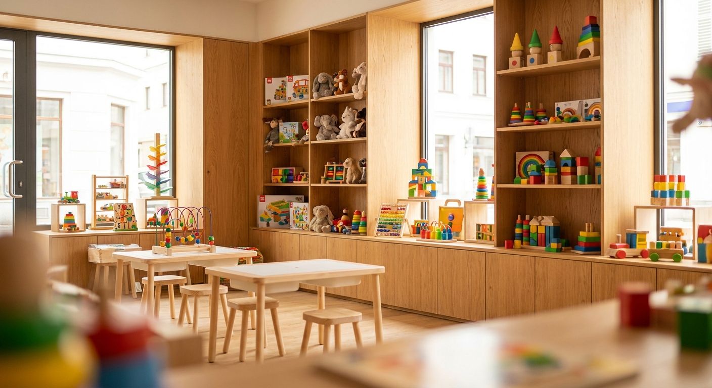 Wood panels for toy store retail interiors