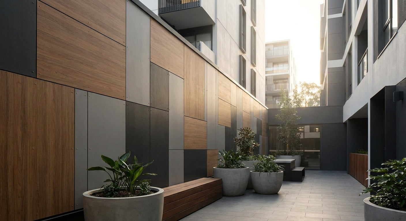 Exterior composite panels for urban courtyard wall cladding