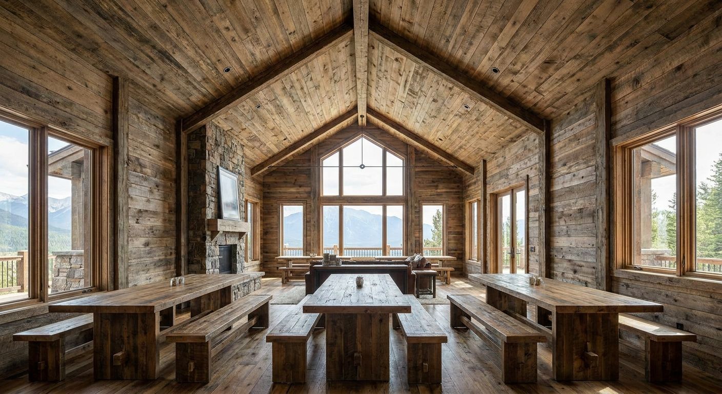 Tongue and groove wood panels for mountain lodge dining halls