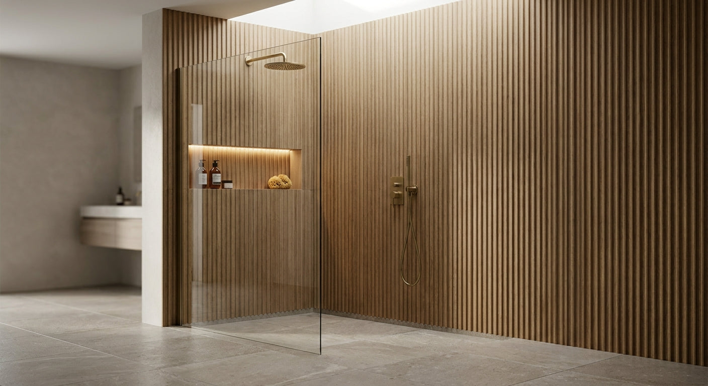 Fluted wall panels for walk-in shower enclosure walls
