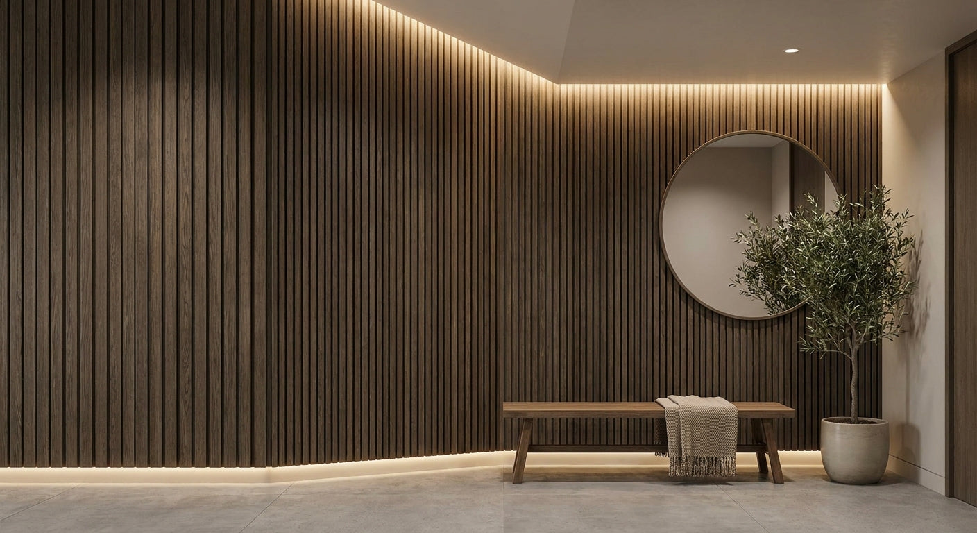 Smoked oak slat panels for hallway accent walls