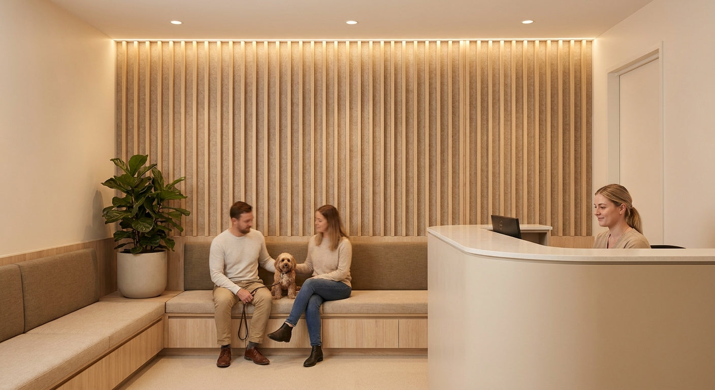 Acoustic slat panels for veterinary clinic waiting rooms