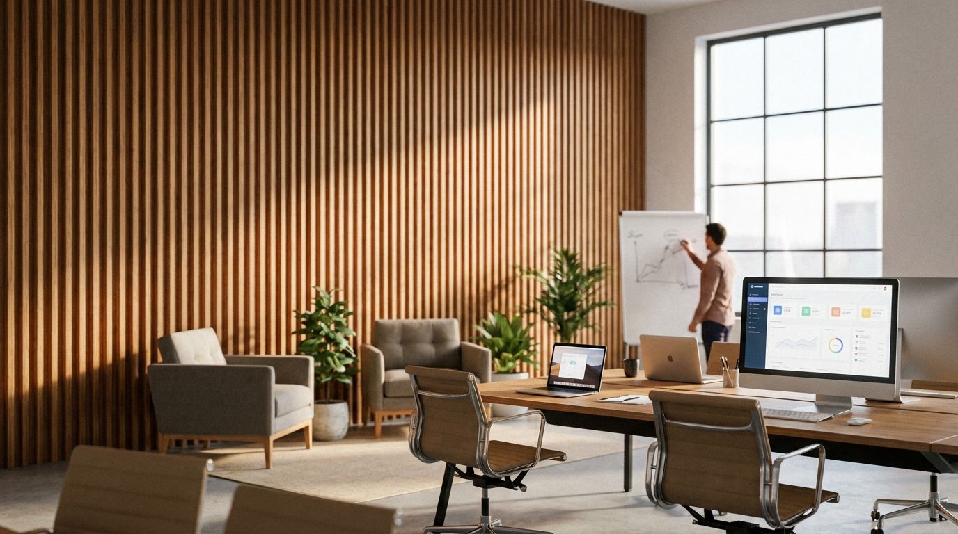 Fluted wood panels for tech startup office interiors