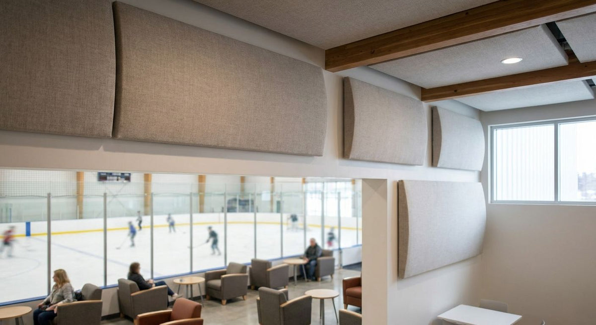 Acoustic panels for ice rink spectator lounges