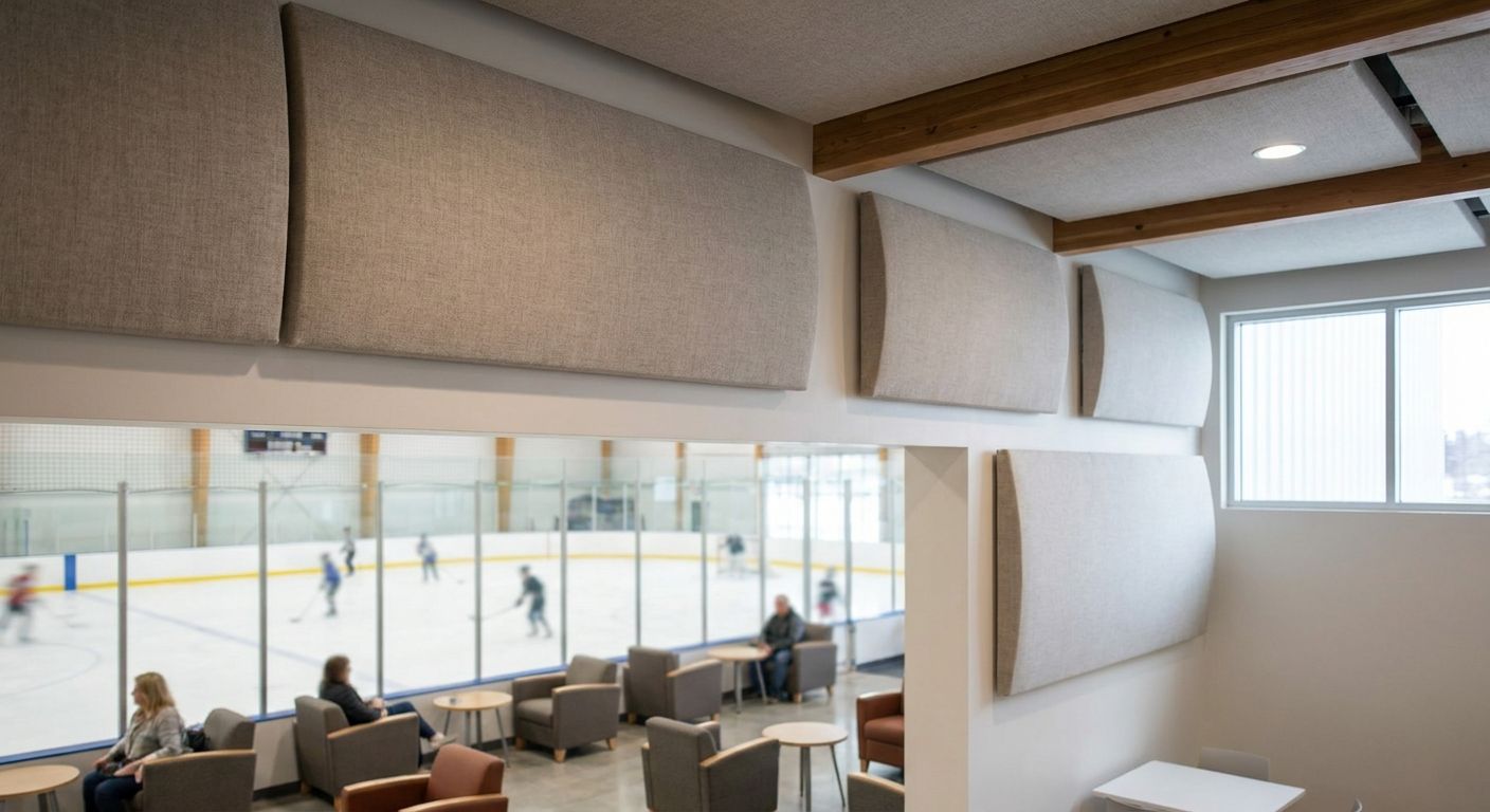 Acoustic panels for ice rink spectator lounges