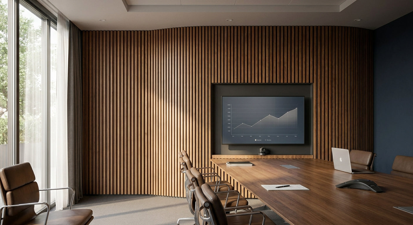 Acoustic slat panels for corporate boardroom walls