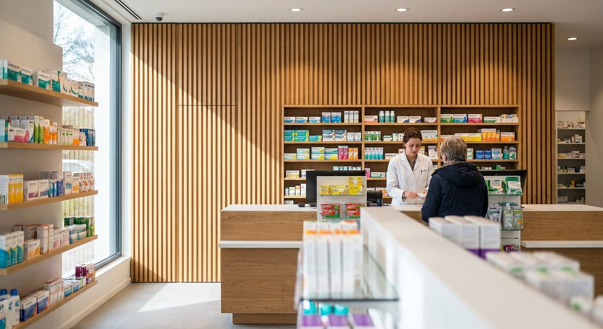 Wood slat panels for pharmacy retail interiors