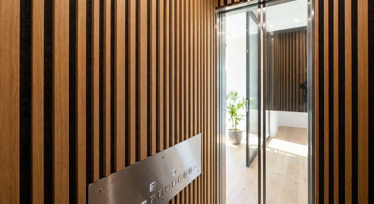 Wood slat panels for home elevator interior cladding