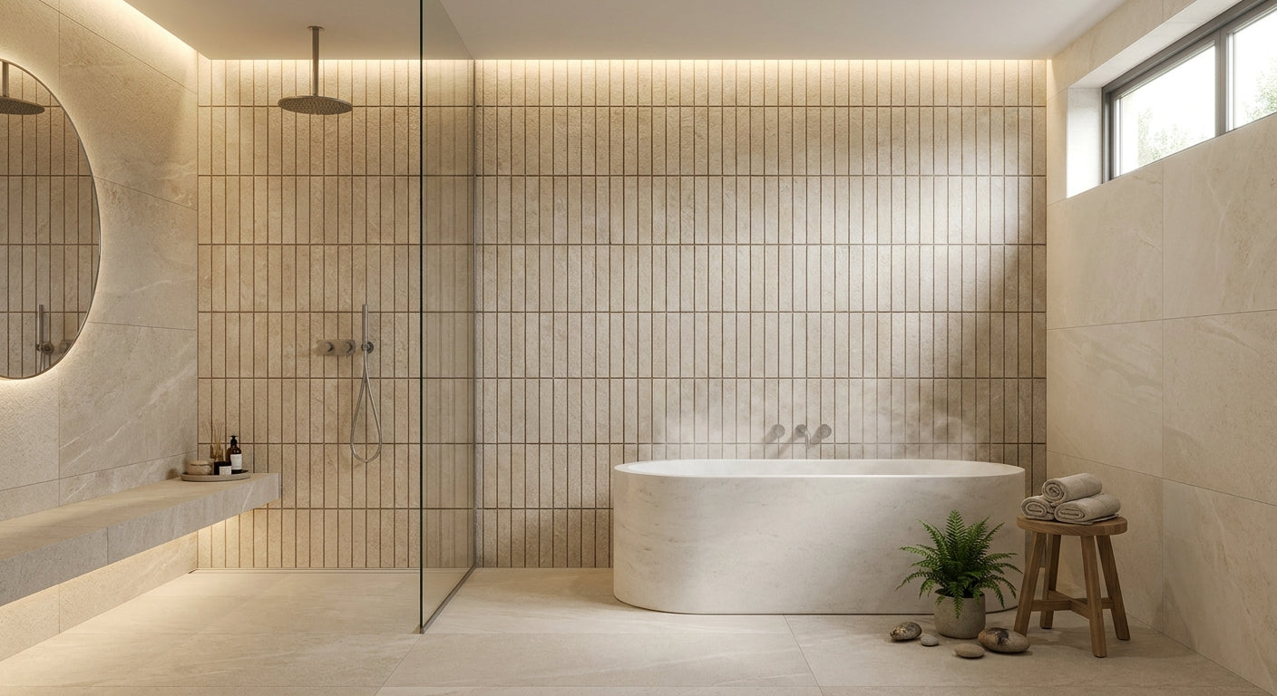 Tile slat panels for spa wet room feature walls
