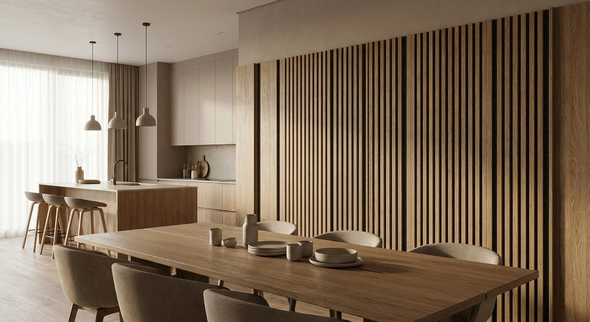 Acoustic slat wall panels for open-plan kitchen diners