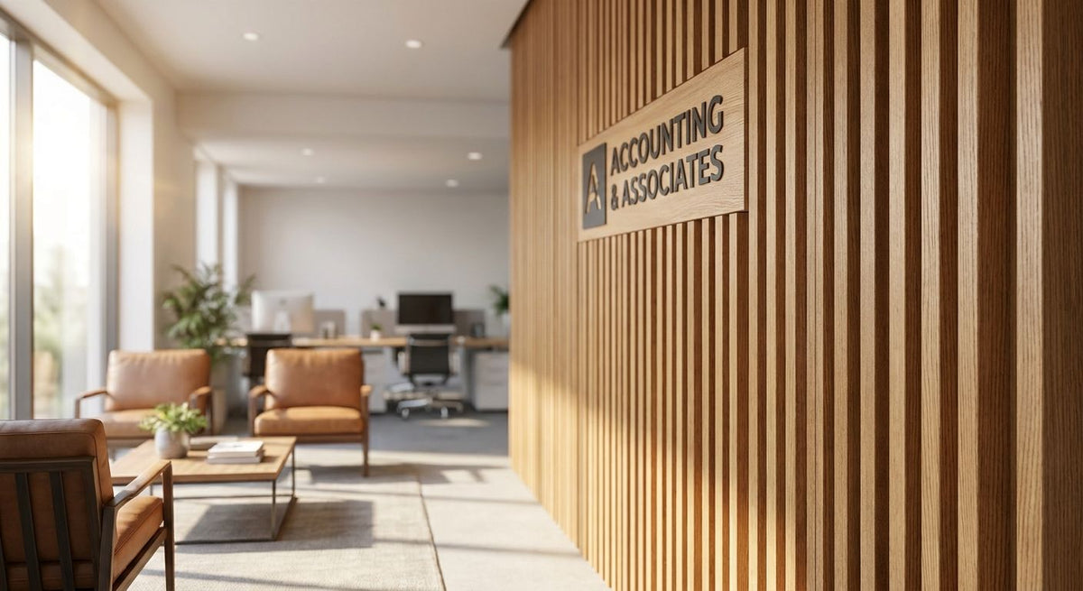 Wood slat panels for accounting firm office interiors
