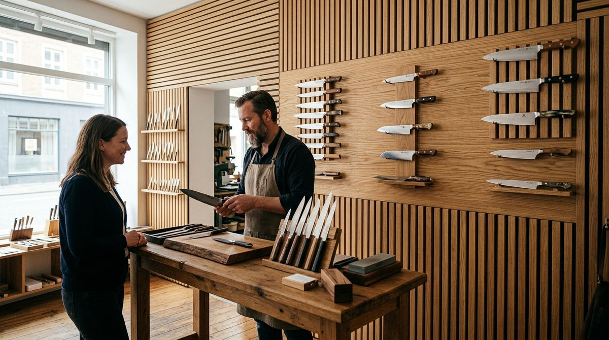 Wood slat panels for artisan knife and cutlery shop interiors