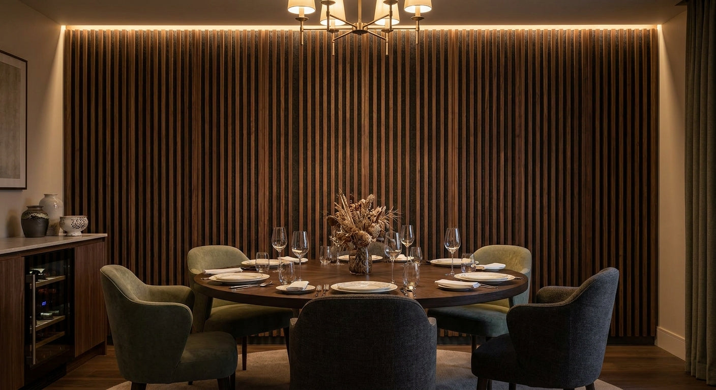 Acoustic slat panels for private dining room walls