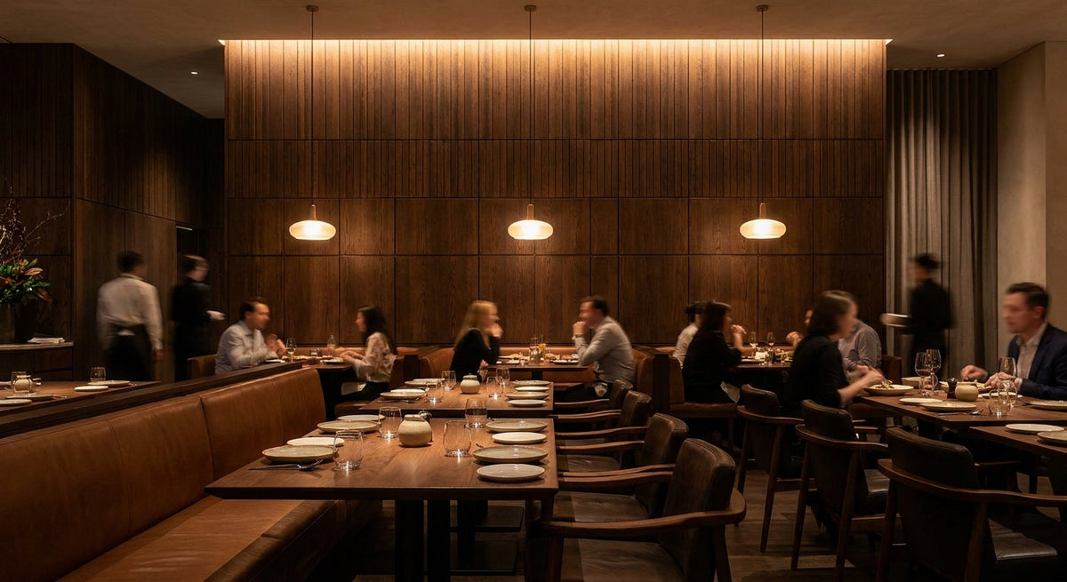 Smoked oak acoustic panels for restaurant feature walls