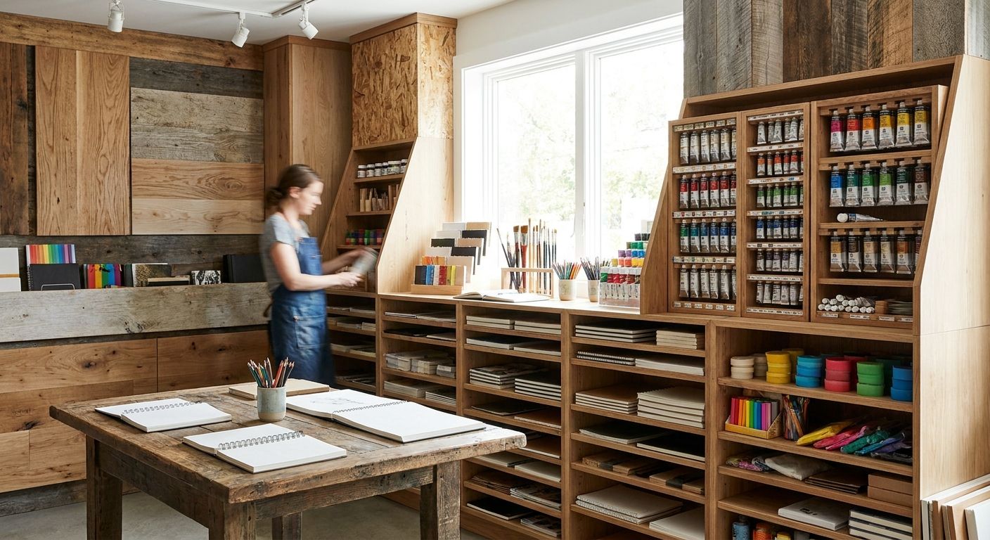 Wood panels for boutique art supply and craft store interiors