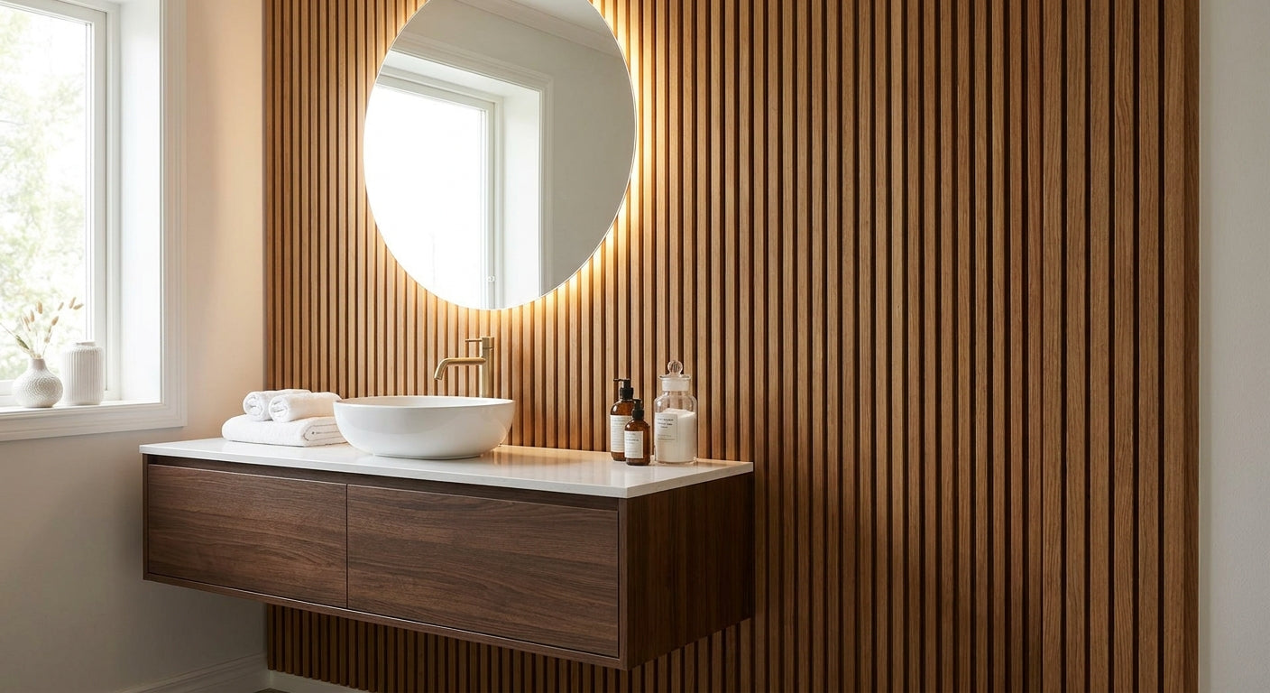 Natural oak slat panels for bathroom vanity feature walls