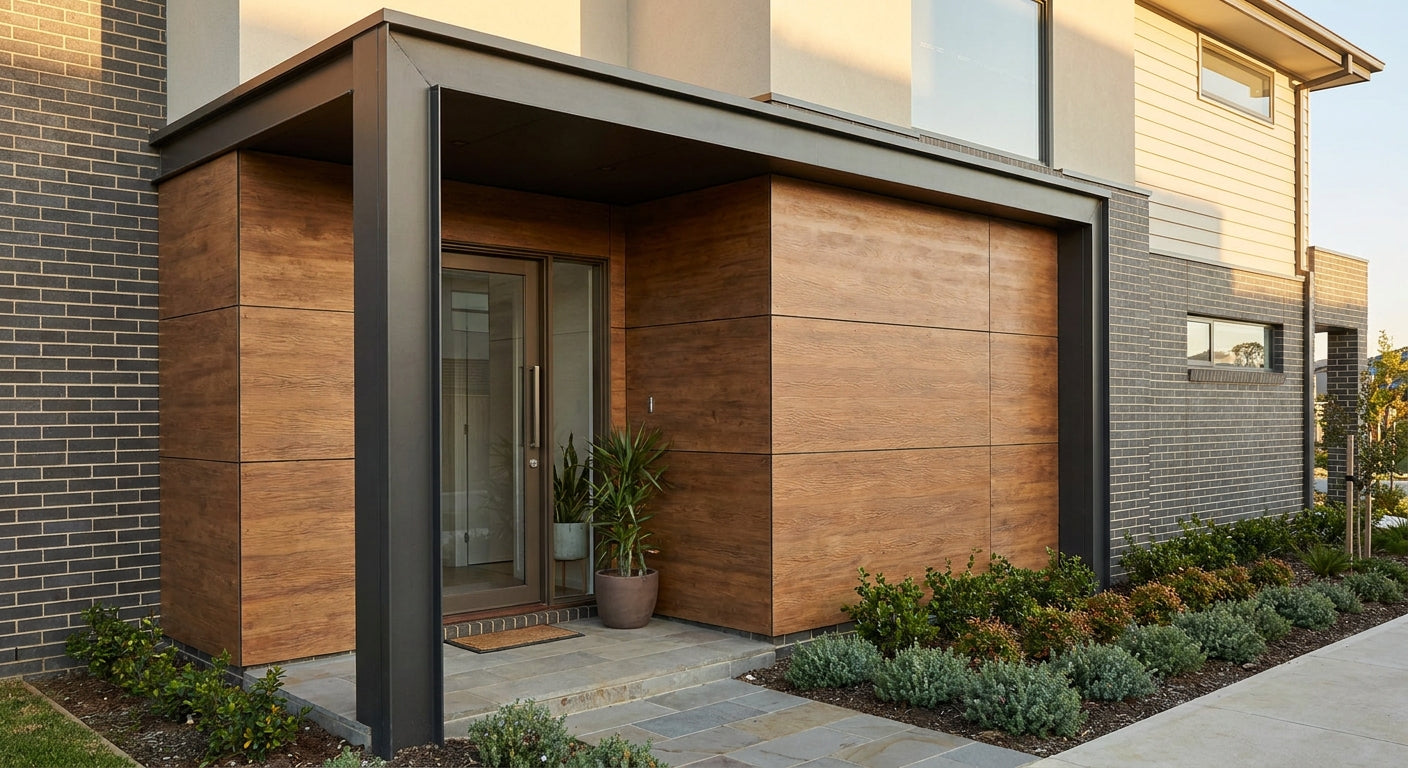 Exterior facade panels for townhouse entry portico walls