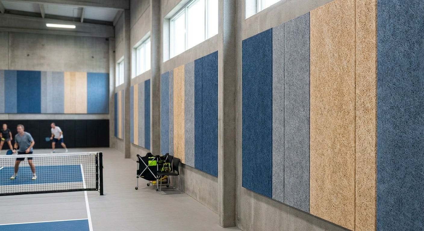 Acoustic panels for indoor pickleball court walls