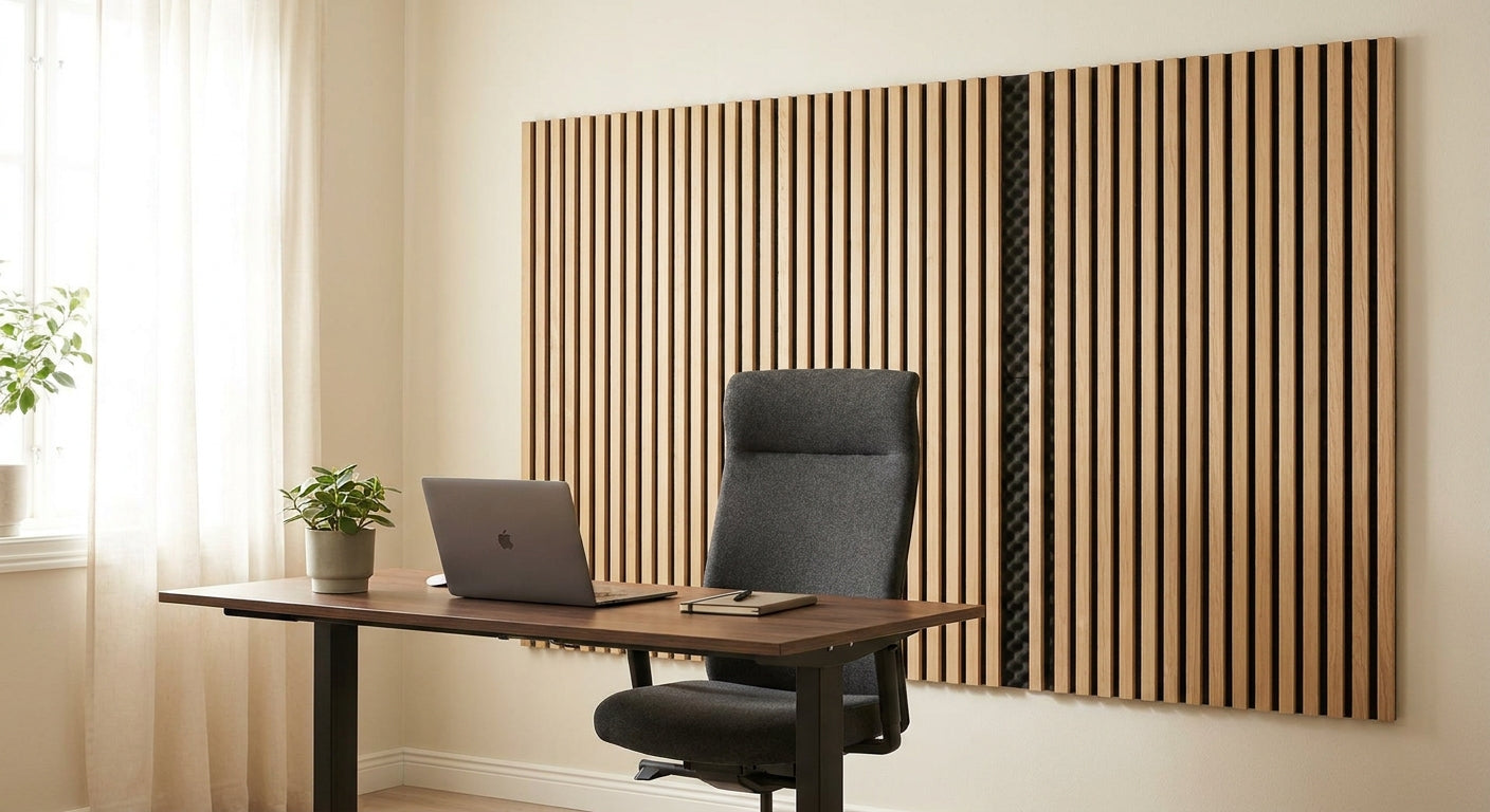 Slat wall panels for home office acoustic treatment