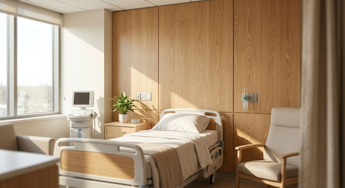 Wood panels for hospital patient room interiors