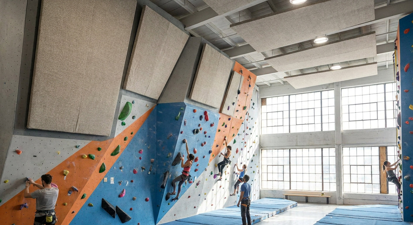 Acoustic panels for indoor climbing gym walls