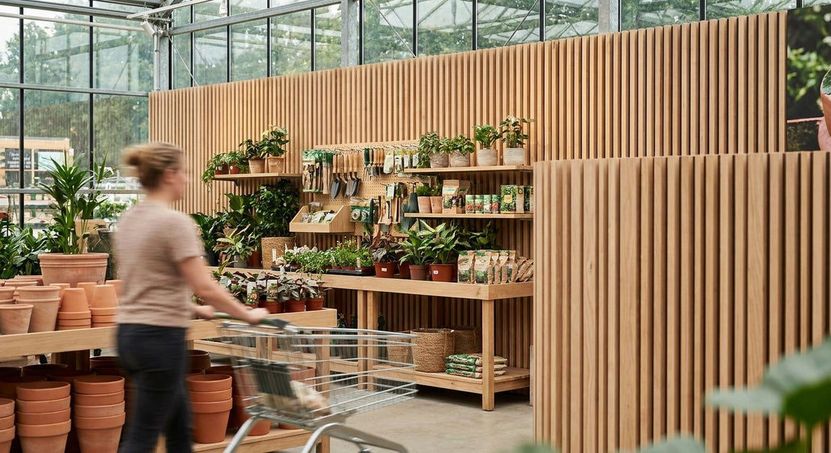 Wood slat panels for garden center retail interiors