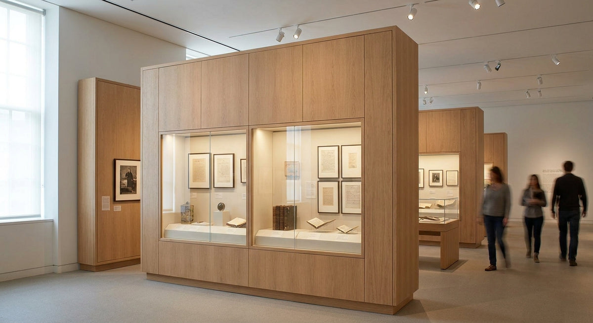Wood wall panels for museum exhibit interiors