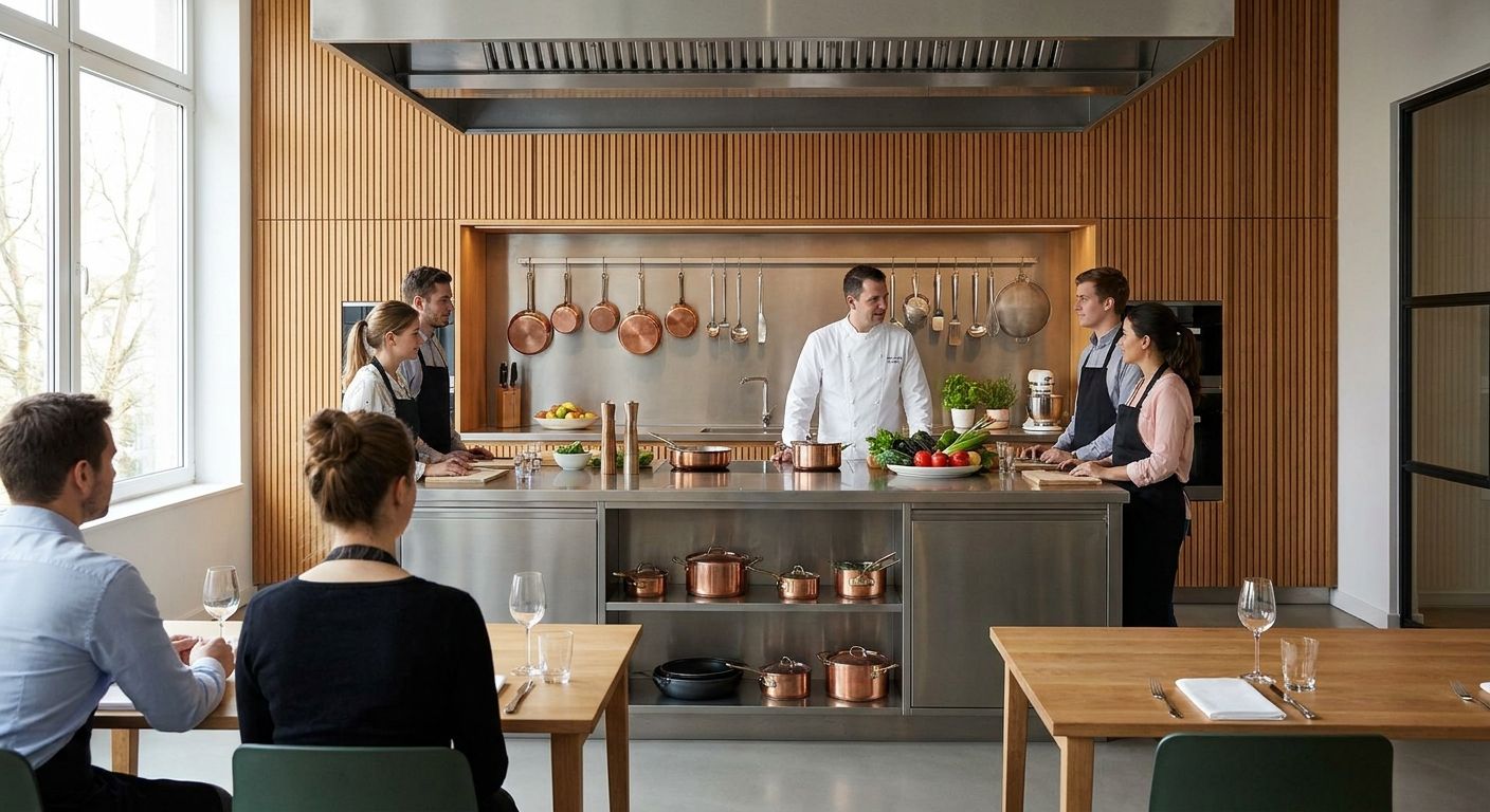 Wood slat panels for cooking school and culinary studios