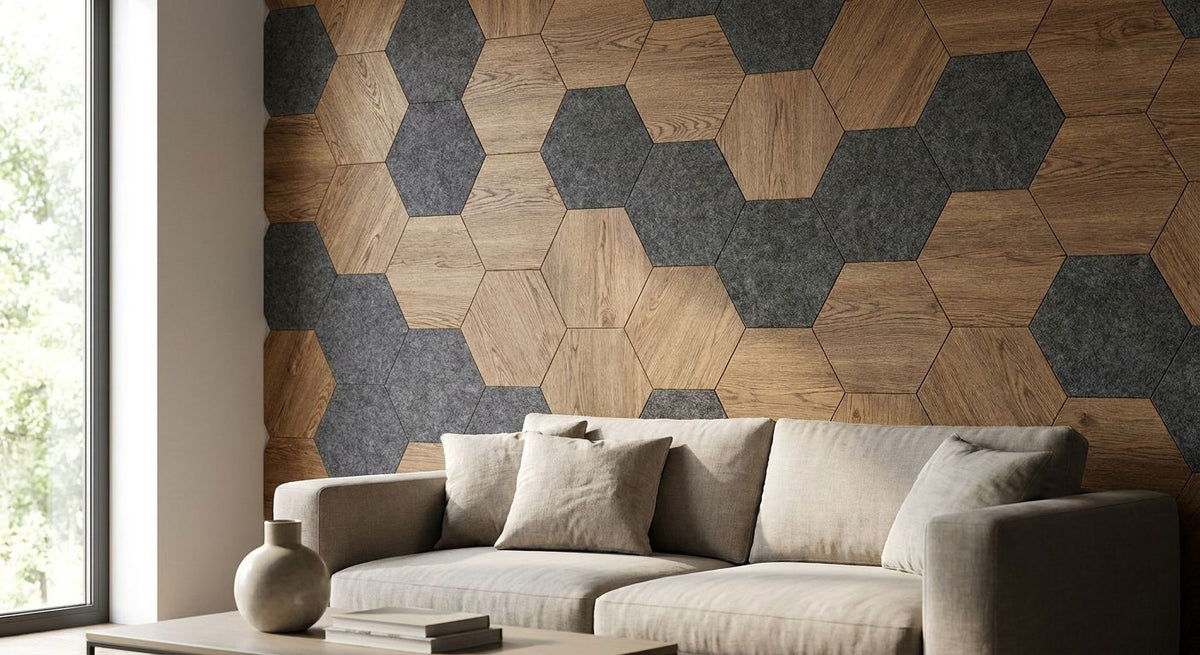 Smoked oak hexagon panels with gray felt for living rooms