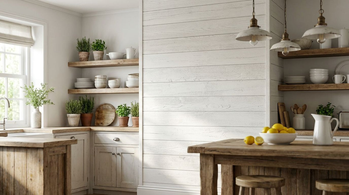 Shiplap wall panels for farmhouse kitchen interiors