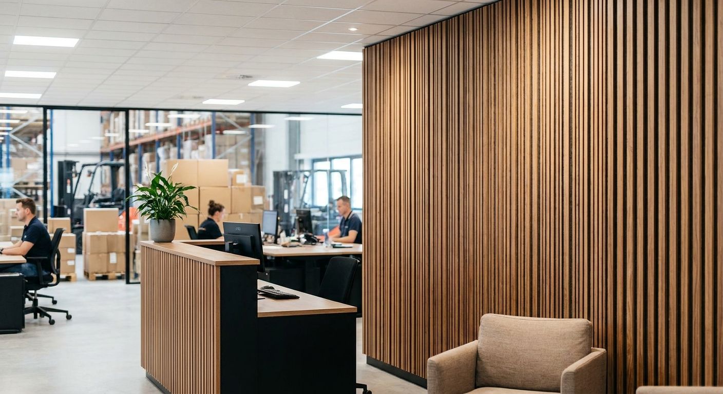 Wood slat panels for logistics and distribution offices