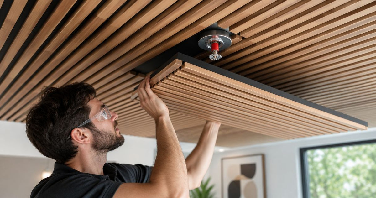 How to install acoustic wood panels around fire sprinkler heads
