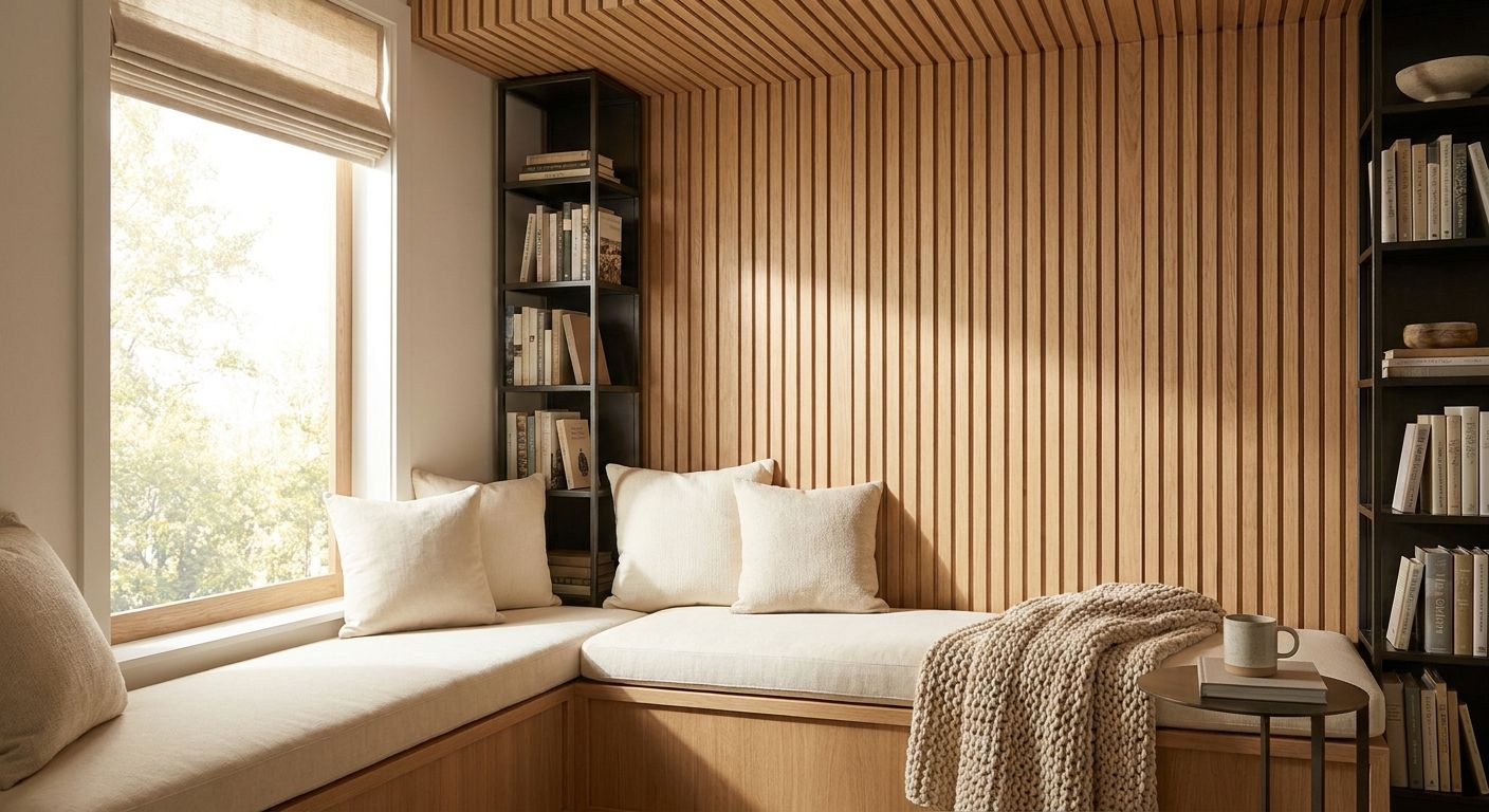 Wood slat panels for reading nook and library corners