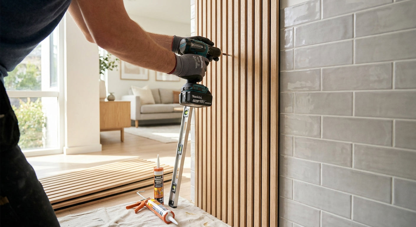 How to install wood slat panels over tile walls