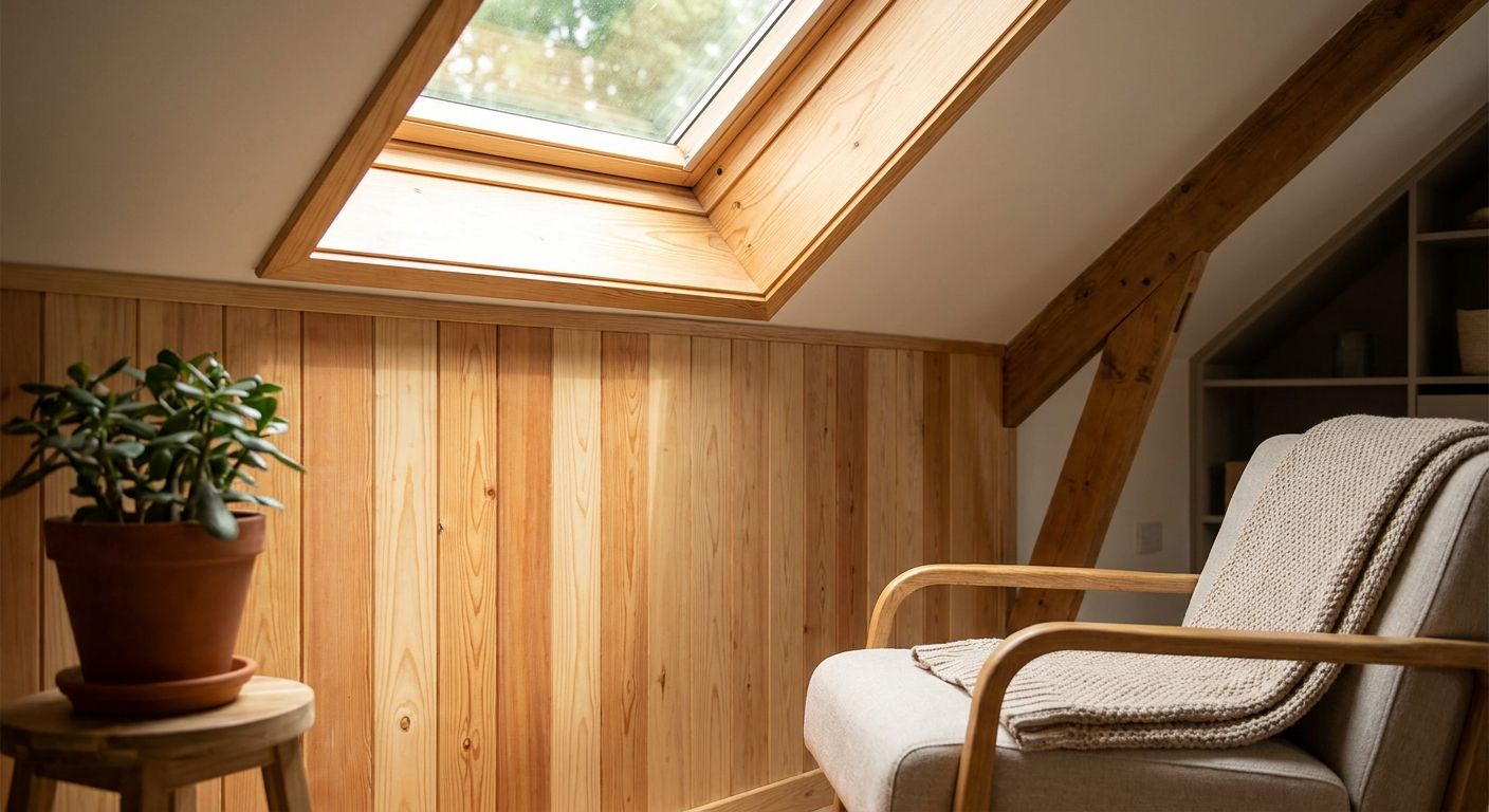 Wood panels for attic conversion knee wall cladding