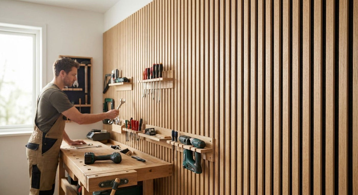 Wood slat panels for home workshop and tool room walls