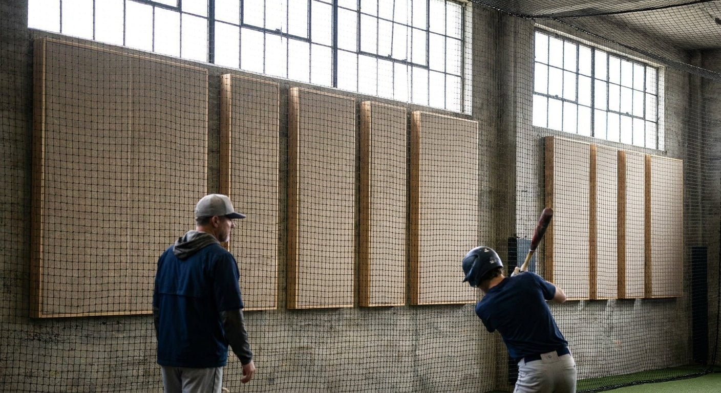 Acoustic panels for indoor batting cage facilities