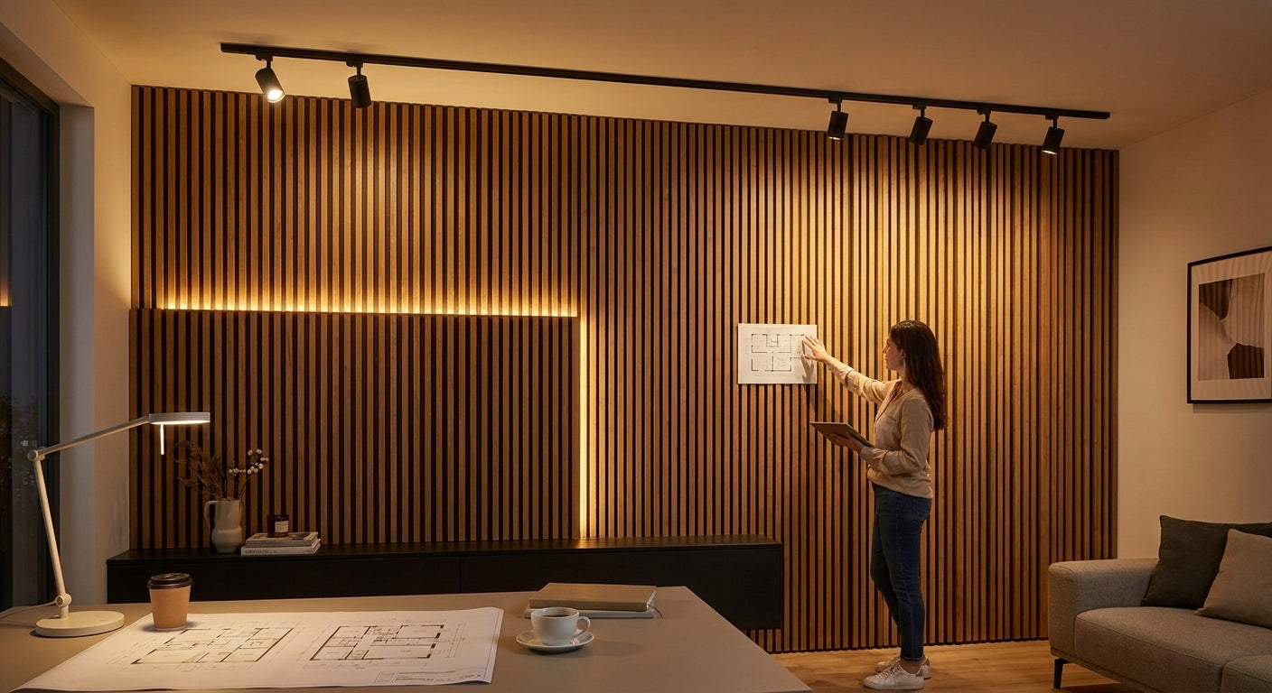 How to plan lighting around wood slat wall panel layouts